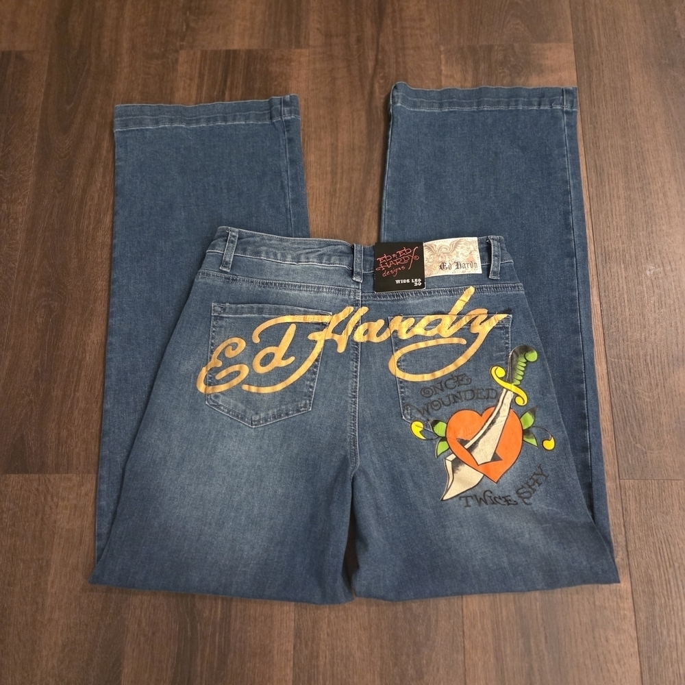 Y2K NWT Ed Hardy Brave Hearts Stay True Eagle Wide Leg Jeans Med Vintage Wash